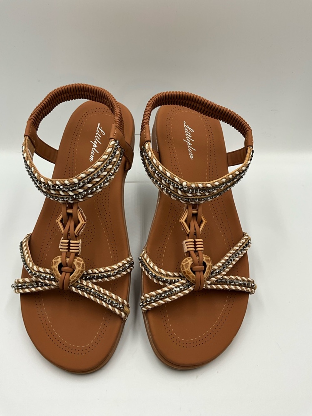 Braided Slingback Sandals in Tan with Beaded Accents